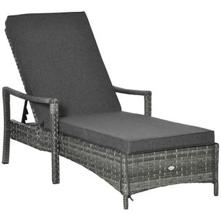 Chaise Longue De Jardin En Rotin Avec Coussin Réglable, Gris,192x62,5x52,5cm Pour Terrasse Et Balcon