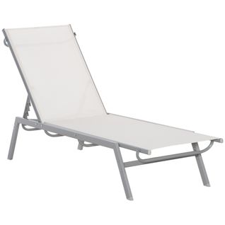 Chaise Longue Jardin Métal Tissu, Dossier Réglable 5 Positions, Crème