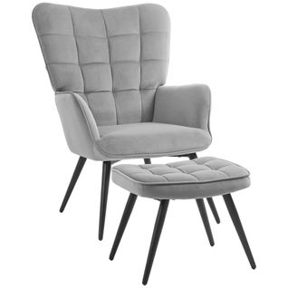 Fauteuil Lounge Velours Et Bois 1 PC Avec Repose-pieds, Jusqu’à 120 Kg,  Gris Clair