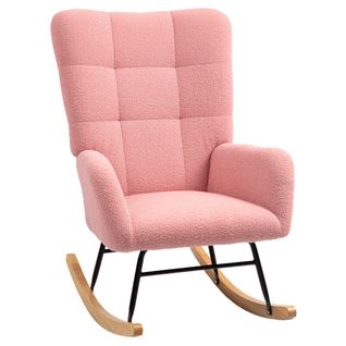 Fauteuil à Bascule, Accoudoirs, Tissu Peluche, Rose, Relax Pour Salon, Pieds Bois