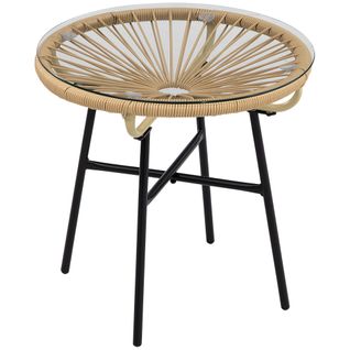 Table Bistrot Ronde En Rotin 50x50x50 Cm Pour Terrasse Ou Balcon, Noir Et Beige
