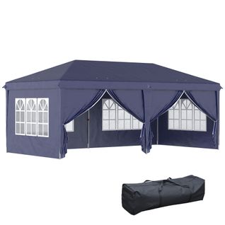 Pavillon Pliant En Acier Stable Avec Protection Uv, Parois Latérales Et Fenêtres, Bleu