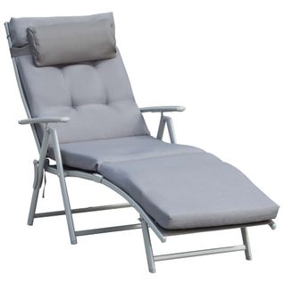 Chaise Longue Pliable En Métal Et Tissu, Réglable Avec Coussin, Gris