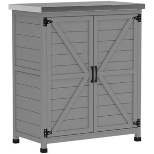 Armoire De Jardin En Bois Résistant Aux Intempéries Avec Plan De Travail,portes Doubles,étagère,gris