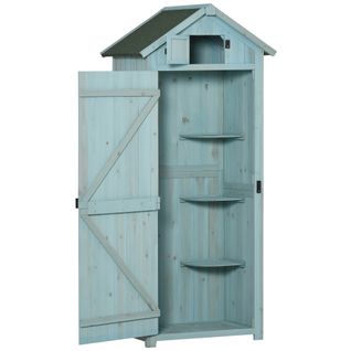 Armoire De Jardin En Bois Avec Étagères Et Fenêtres, Toit En Asphalte, Bleu Clair Et Vert