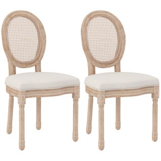 Chaises Salle à Manger Lin Et Bois 2 Pièces Dossier Et Assise Rattan Look,  Crème