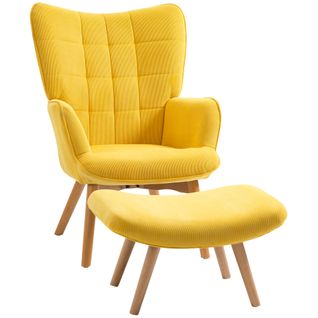 Fauteuil Relax à Oreilles Avec Repose-pieds, Tissu Côtelé, Pieds Bois, Jaune, Salon Confortable