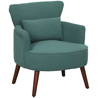 Fauteuil Lounge En Tissu Côtelé, Dossier, Accoudoirs Arrondis, Rembourré, Pieds Bois, Vert Foncé