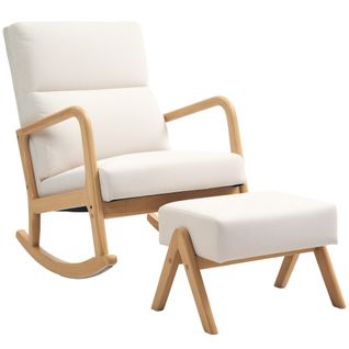 Fauteuil à Bascule Avec Repose-pieds, Lin, Pieds En Bois, Jusqu’à 150 Kg, Crème