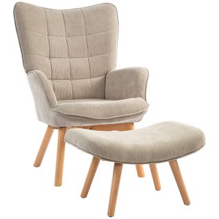 Fauteuil Oreiller En Tissu Côtelé, Repose-pieds, Pieds En Bois, Style Lounge, Kaki