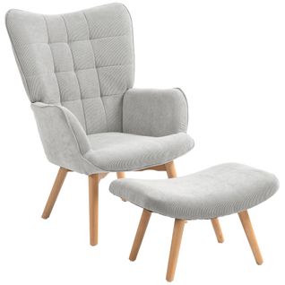 Fauteuil Oreiller En Tissu Côtelé, Avec Repose-pieds, Accoudoirs Bois, Pour Salon, Gris