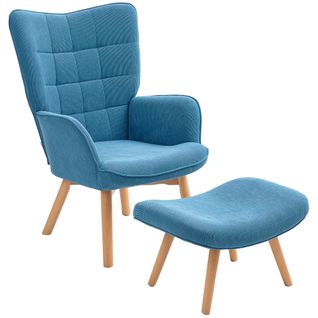 Fauteuil à Oreilles Avec Repose-pieds, Tissu Côtelé Tufté, Pieds Bois, Haut Dossier, Bleu