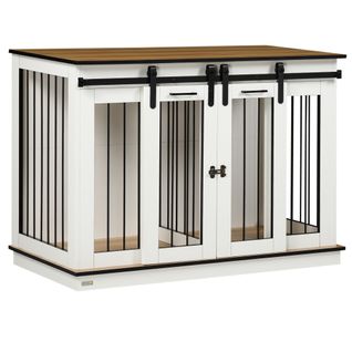 Cage Pour Chien, Bois, Avec Double Portes, Pour Chiens De Taille Moyenne, Blanc, 120 X 60 X 88,5 Cm