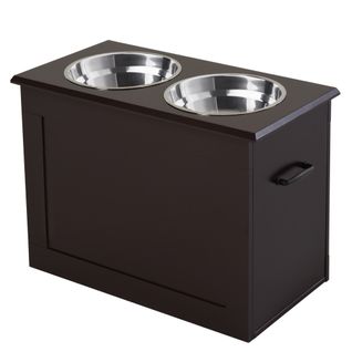 Station De Nourriture Pour Chiens En Mdf Et Acier Inoxydable Avec 2 Bols, Espresso