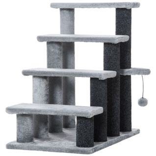 Escalier Pour Chat, Jute Et Peluche, 4 Marches Avec Balle De Jeu Et Plateforme, Gris