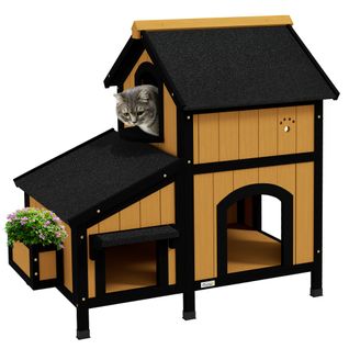 Maison Pour Chats En Bois Avec Plusieurs Entrées Et 2 Étages, Hiver, Jaune, 96 X 65 X 85,5 Cm