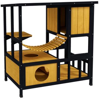 Maisonnette Pour Chats En Bois Avec Pont Suspendu Et Balcon Étanche, Jaune