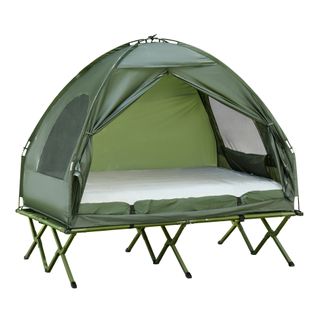 Lit De Camping Surélevé En Taffetas Avec Tente Dôme Et Matelas Pneumatique, Vert
