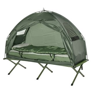 Lit De Camping 4 En 1 En Tissu Imperméable Avec Tapis De Sol, Sac De Couchage, Matelas, Vert