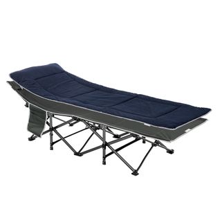 Lit De Camping Pliant Oxford Avec Matelas, Coussin Et Poche Latérale 180x60, Bleu Foncé Et Gris