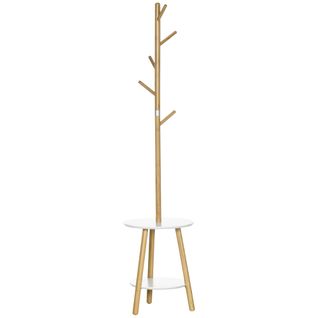 Porte-manteau En Bois Naturel Et Blanc Avec 5 Crochets Et Table D'appoint, 171 Cm