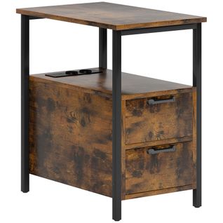 Table D'appoint Rustique En Bois Avec Station De Charge, USB Et Prises, 2 Tiroirs