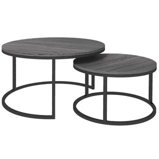 Table Basse Ronde En Set De 2 En Métal Et Bois, Empilable Pour Salon Ou Chambre, Noir