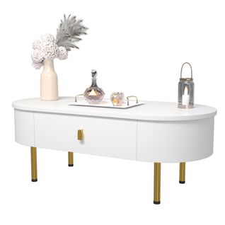 Table Basse En Bois Avec Deux Tiroirs, Poignées Dorées Et Pieds, Angles Arrondis