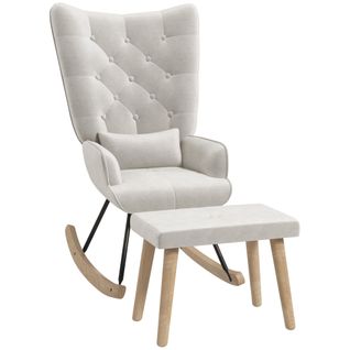 Fauteuil à Bascule Avec Pouf, Velours, Oreilles, Pieds En Bois, Crème