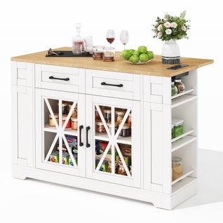 Îlot De Cuisine En Mélamine Avec Table Rabattable,usb,porte En Verre,roulettes Avec Frein