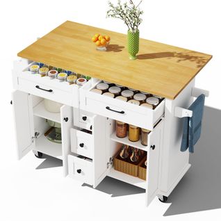 Chariot De Cuisine Multifonction En Bois Extensible, 5 Tiroirs, Roulettes, 120×65 Cm