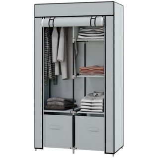 Armoire En Tissu Avec 5 Compartiments Et Barre à Vêtements, Fermeture Éclair, Gris Clair