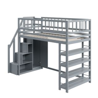 Lit Mezzanine En Bois Massif Avec Armoire, Espace De Rangement Et Échelle Sécurisée, Gris 90 X 200cm