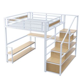 Lit Mezzanine 140x200 Métal Avec Échelle De Rangement Et Tables, Structure Robuste, Blanc