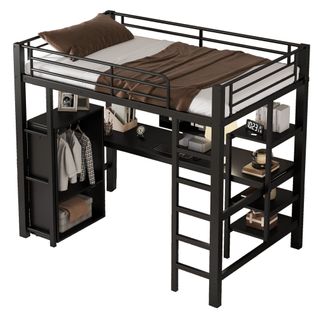Lit Mezzanine En Métal, Avec Table Et Armoire, Nombreuses Étagères, Échelle 5 Marches, 90x200cm