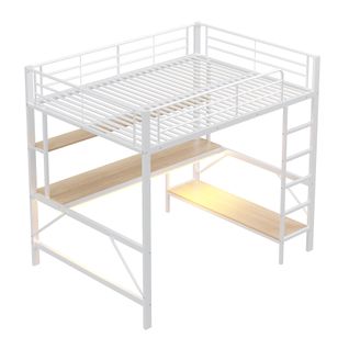 Lits Surélevés Métal Avec Échelle, Lampe LED, Bureau Et Étagères, Blanc