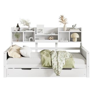 Lit Gigogne 90*200cm En Pin, Lit Extensible 90*190cm Avec Espace De Rangement, Blanc