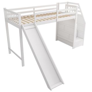 Lit Mezzanine En Bois Avec Toboggan Et Échelle De Rangement, Certifié En747, Blanc, 90 X 200cm