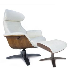 Fauteuil Et Pouf Relax Manuel - Cuir Et Chêne Naturel - Vega - Cuir Blanc