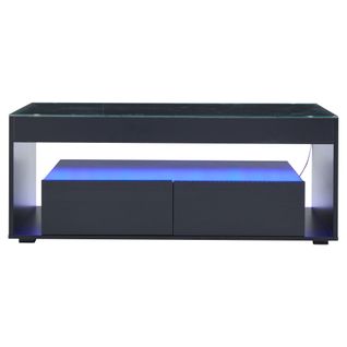 Table Basse Avec Éclairage LED 16 Couleurs, Deux Grands Tiroirs, Finition Brillante, Noir