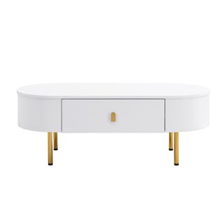 Table Basse Avec Deux Tiroirs, Poignées Et Pieds Dorés, Coins Arrondis, Blanche