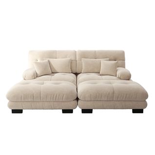 Canapé Double En Velours Avec Coussins Et Oreillers Lombaires, Larges Accoudoirs Et Pouf,beige.