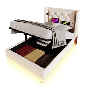 Lit Rembourré 90x200 Cm Avec Rangement Hydraulique, Tête De Lit Rembourrée, En Coton, Beige