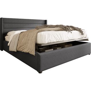 Lit Double Lit Coffre Adulte Hydraulique 180x200 Cm  En Métal Et Lin - Gris