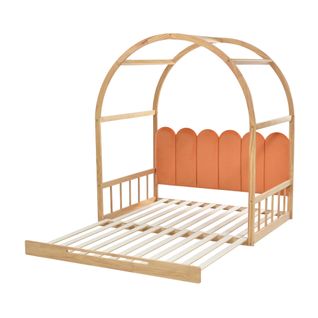 Lit Extensible à Toit Arqué, Gigogne, Naturel Et Orange, 140x100/200cm, Bois De Pin