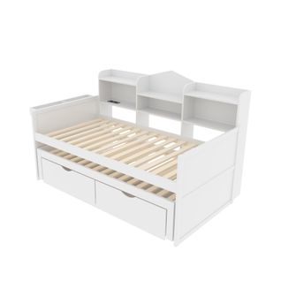 Lit Gigogne 90x200 Cm + 90x190 Cm, 2 Tiroirs, Grand Rangement Prise USB, Blanc