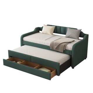 Lit Enfant 90x200cm (190cm) En Vert Avec Conteneur à Roulettes Et Tiroirs, Matelassé