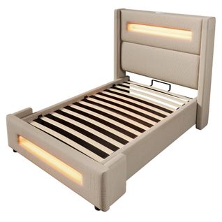 Lit Simple 90x200 Cm En Lin Beige Avec LED, Rangement Hydraulique Et Recharge USB Type-c