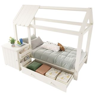 Lit Cabane Enfant 90x200 Cm En Bois Massif Blanc Avec Tiroir Et Table De Chevet Amovible
