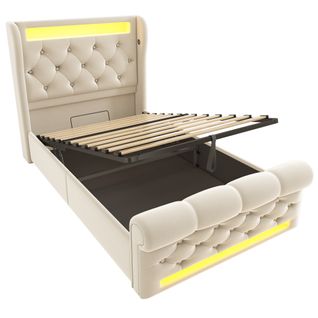 Lit enfant 90x200 Cm Avec LED, Tête De Lit Avec Rangement, Ports USB-c, Coffre, Velours Beige